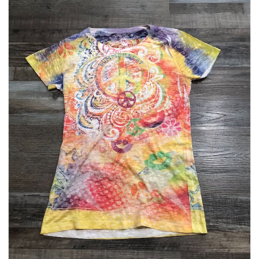 Step Ahead Womens Large Multi Color Tie Dyed Peace Sign Short Sleeve Tee T Shirt